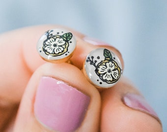 Flower Art Earrings - Pen and Wash Boho Style - Gold Bezel Studs