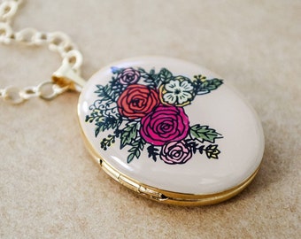 Large Gold Filled Locket Necklace - Heirloom Enameled Jewelry