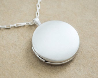 Large Satin Sterling Silver Locket - Matte Brushed Silver Round Locket