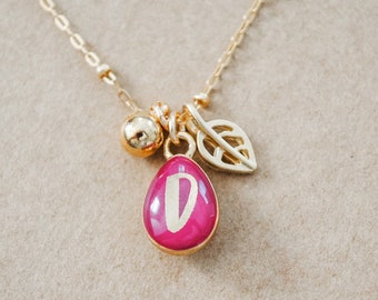 Personalized Initial Necklace - Custom Gold Enamel Teardrop Charm Pendant