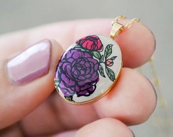 Gold Filled Locket Necklace - Flower Painted Heirloom Enamel Jewelry