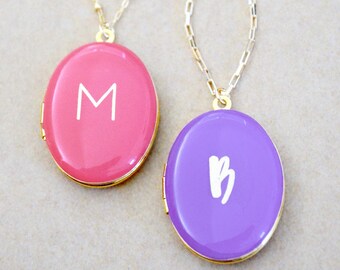 Script Initial Gold Locket - Custom Enamel Color - Classic Oval Locket Necklace
