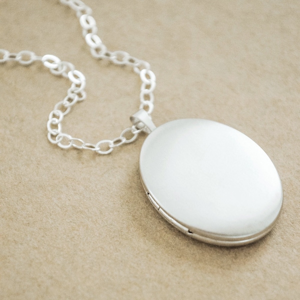 Large Brushed Sterling Silver Locket - Satin Matte Style Necklace