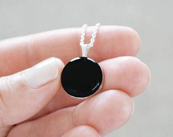 Black Enamel Solid Sterling Silver Locket Necklace - Minimalist Statement Jewelry