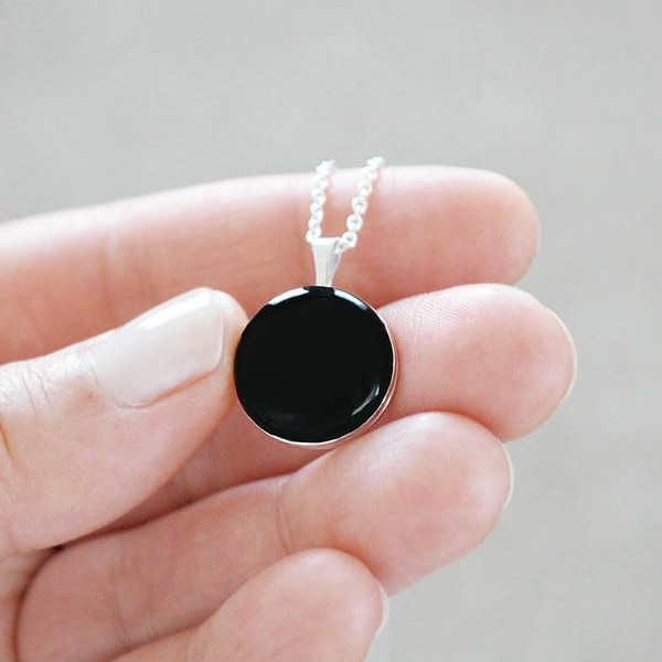 Black Enamel Sterling Silver Locket Necklace - Minimalist Statement Jewelry