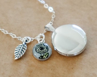 Sterling Silver Locket Necklace with Birth Flower Charm - Small Round Enamel Charms - Nature Inspired Jewelry