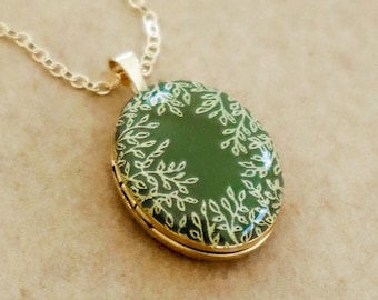 Gold Leaf Photo Locket Necklace - Personalized with any enamel color and Gold painted leaves