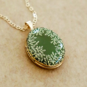 Gold Leaf Photo Locket Necklace - Personalized with any enamel color and Gold painted leaves