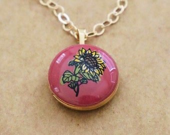 Gold Sunflower Necklace - Gold Locket Necklace With Photo - Enamel Necklace - Personalized Gift