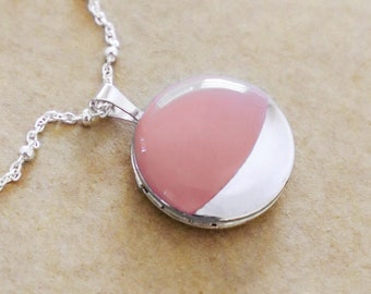 Silver Dipped Enamel Locket Necklace - Small Round Solid Sterling Silver Locket