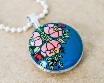 Sterling Silver Locket Necklace - Turquoise and Coral Wildflower Enameled Pendant