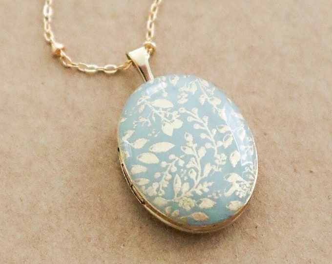 Gold Leaf Enamel Locket Flower Jewelry - Locket Necklace with Photo