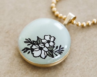 Enamel Gold Filled Round Locket - Simple & Minimalist Magnolia Flower Necklace