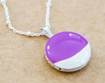Silver Dipped Enamel Locket Necklace - Small Round Solid Sterling Silver Locket