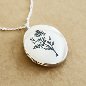Sterling Silver Birth Month Locket Necklace - Personalized Mixed Flower Bouquet