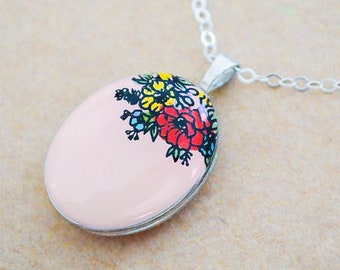 Botanical Flower Locket Necklace - Small Oval Sterling Silver Locket - Bright Painted Enamel Pendant