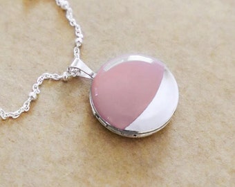 Silver Dipped Enamel Locket Necklace - Small Round Sterling Silver Locket