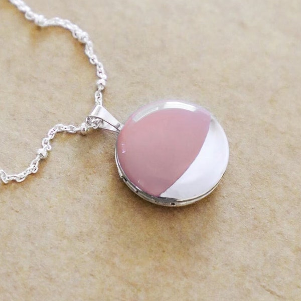 Silver Dipped Enamel Locket Necklace - Small Round Sterling Silver Locket