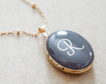 Gold Initial Locket Necklace - Custom Enamel Color - Classic Round Locket