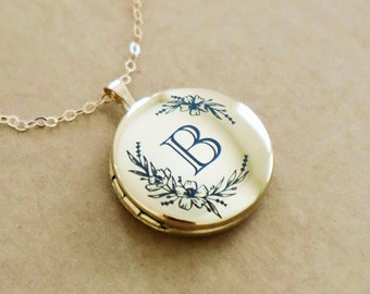 Gold Engraved Flower & Initial Photo Locket - Personalized Floral Letter Monogram Necklace