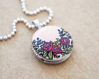 Sterling Silver Locket Necklace - Pink Flower Garden - Painted Enamel