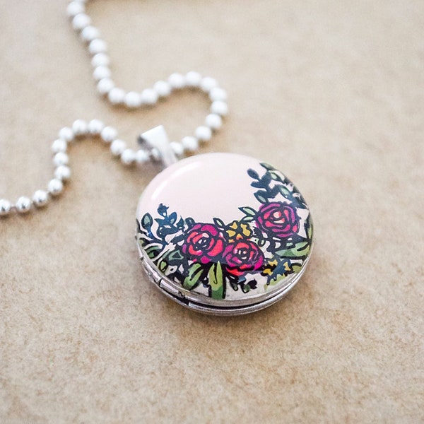 Sterling Silver Locket Necklace - Pink Flower Garden - Painted Enamel