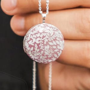 Silver Leaf Enamel Locket Flower Jewelry - Locket Necklace with Photo