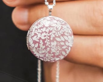 Silver Leaf Enamel Locket Flower Jewelry - Locket Necklace with Photo