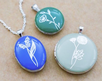 Birth Flower Necklace - Dainty Floral Month Silhouette - Sterling Silver Photo Locket - Personalized Enamel Jewelry