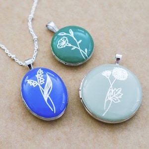 Birth Flower Necklace - Dainty Floral Month Silhouette - Sterling Silver Photo Locket - Personalized Enamel Jewelry