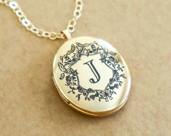 Gold Locket Necklace - Personalized Engraved Monogram & Floral Crest