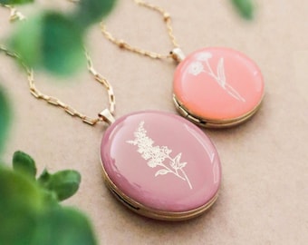 Birth Flower Necklace - Gold Filled Locket & Chain - Personalized Enamel Jewelry