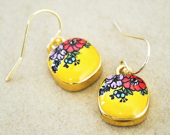 Gold Flower Earrings - Lightweight Square Enamel Drop Earrings