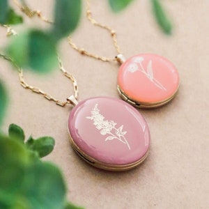 Birth Flower Necklace - Gold Filled Locket & Chain - Personalized Enamel Jewelry