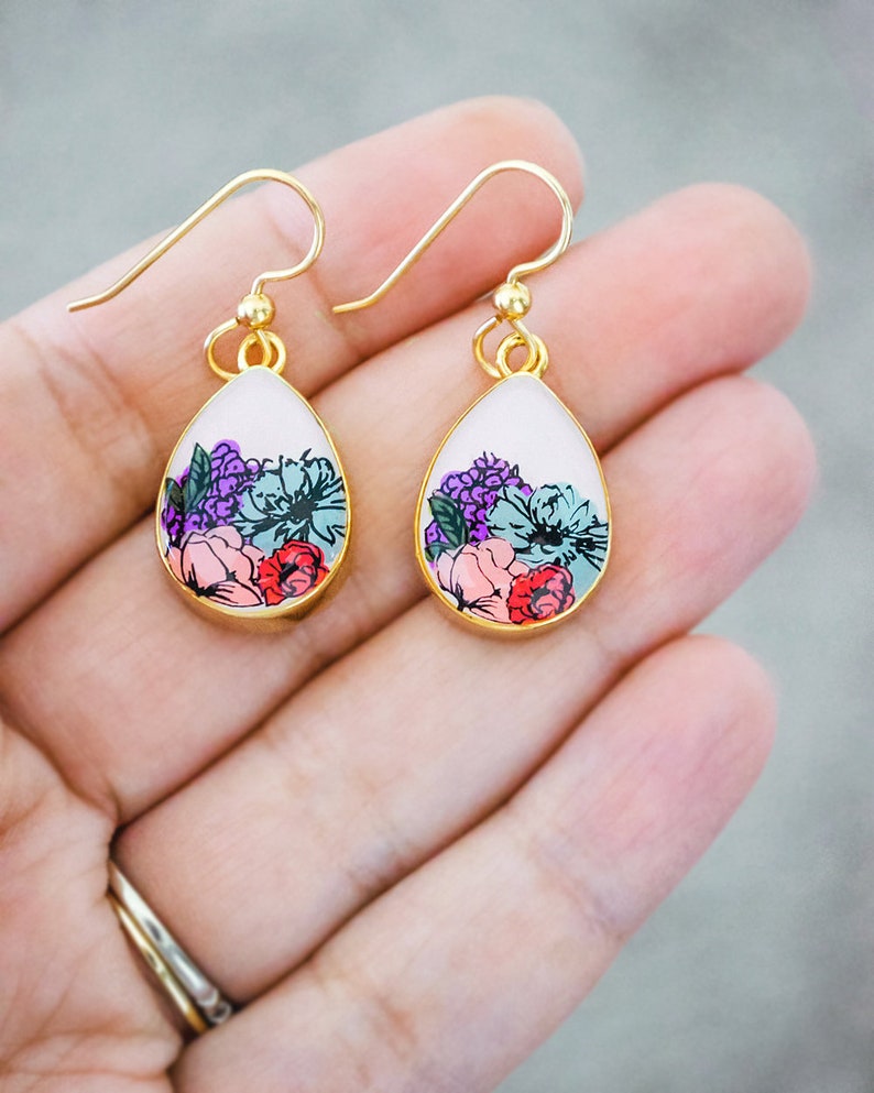 Flower Painted Drop Earrings Gold Filled Dangle Earrings image 7