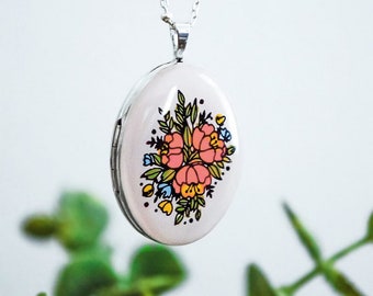 Large Oval Sterling Silver Floral Locket - Heirloom Pendant Style Necklace