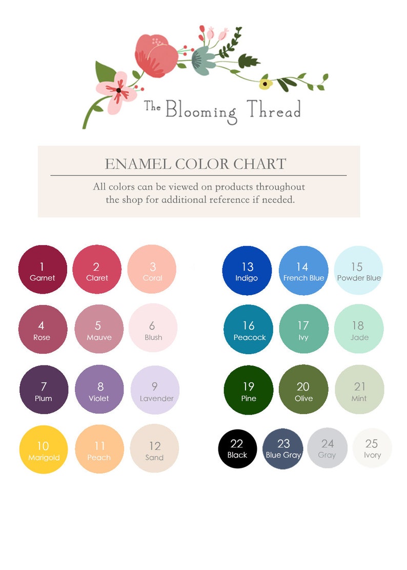 May include: An enamel color chart titled The Blooming Thread featuring twenty-five numbered circular swatches in various hues including garnet, claret, coral, rose, mauve, blush, plum, violet, lavender, marigold, peach, sand, indigo, french blue, powder blue, peacock, ivy, jade, pine, olive, mint, black, blue gray, gray, and ivory.