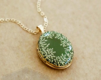 Gold Leaf Photo Locket Necklace - Personalized with any enamel color and Gold painted leaves