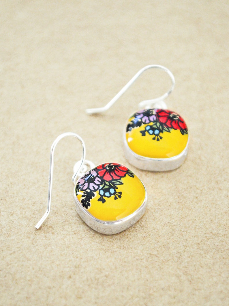 Silver Flower Earrings Lightweight Square Enamel Drop Earrings image 4