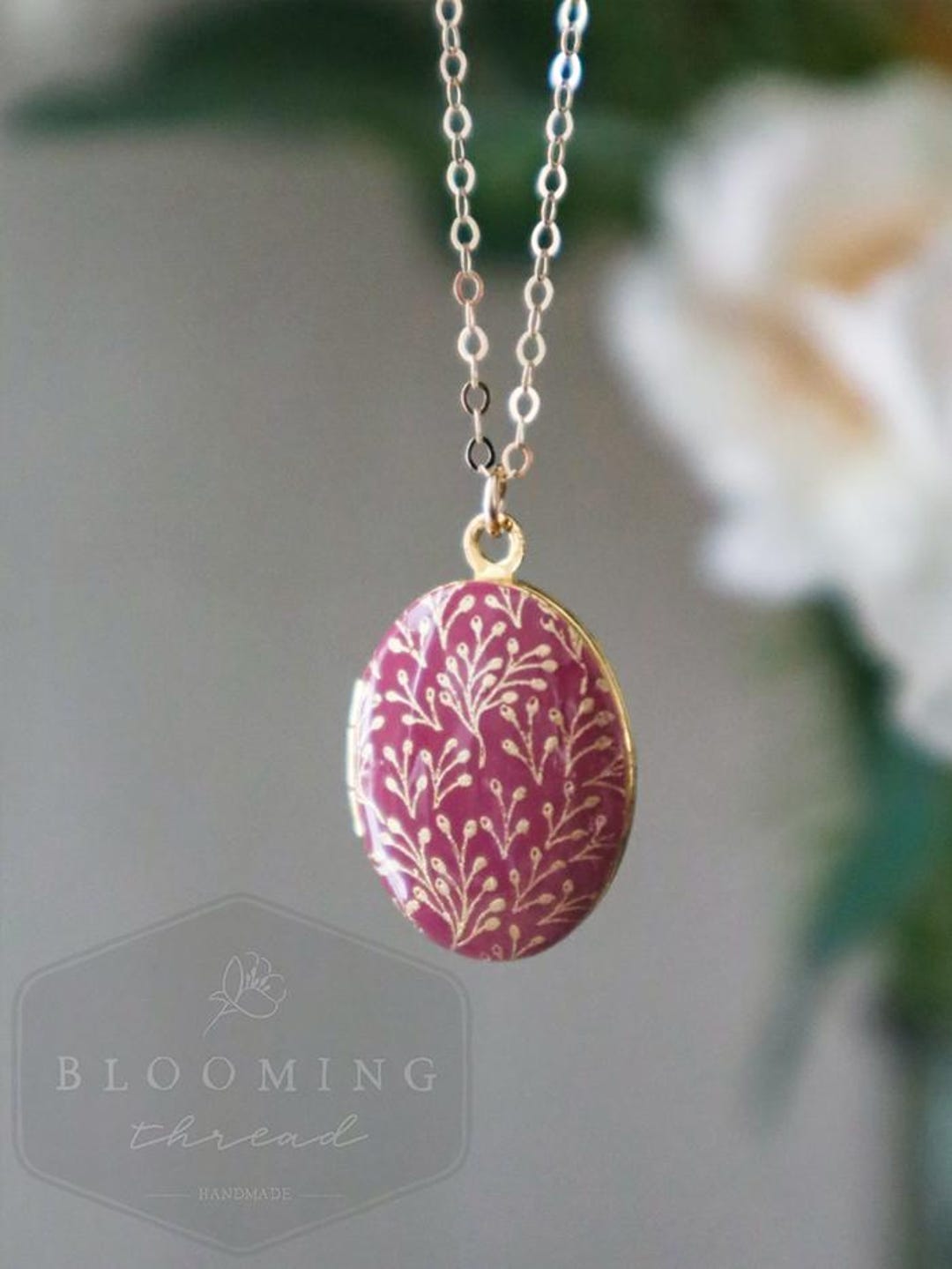 Gold Flower Pattern Enamel Locket - Keepsake Photo Necklace - Etsy
