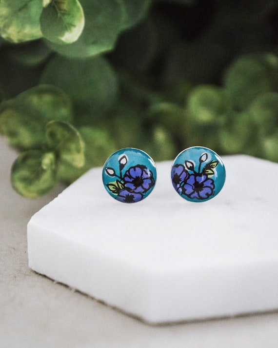 Sterling Silver Blue Floral Bezel Stud Earrings - Pen and Wash Drawing Style - Hand painted art for your ears