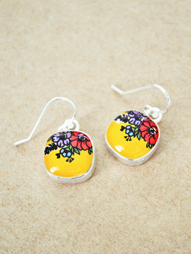 Silver Flower Earrings Lightweight Square Enamel Drop Earrings image 5