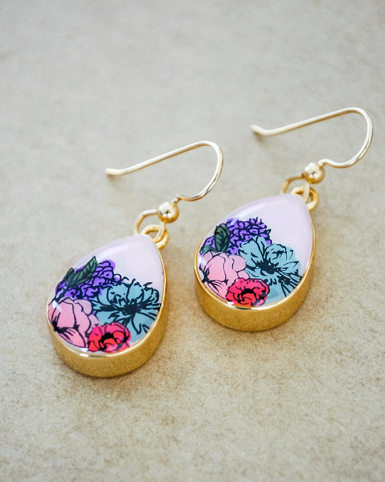 Flower Painted Drop Earrings Gold Filled Dangle Earrings image 2