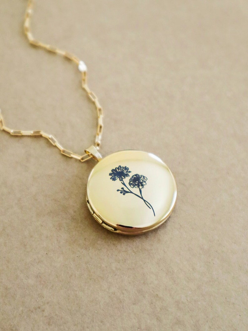 Birth Flower Bouquet Locket Necklace 14K Gold Filled Personalized Birth Month Gift image 1