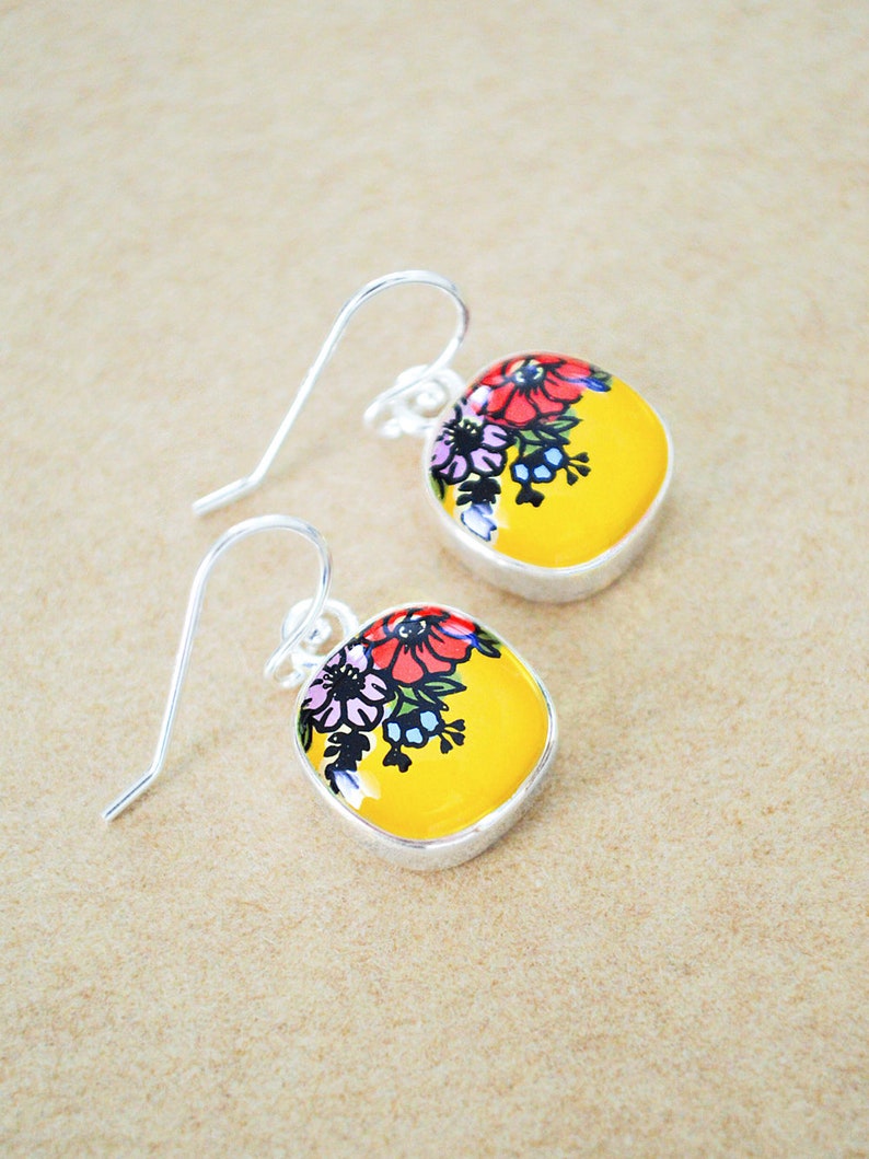 Silver Flower Earrings Lightweight Square Enamel Drop Earrings image 3