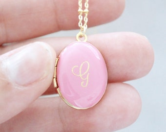 Script Initial Gold Locket - Custom Enamel Color - Classic Oval Locket Necklace