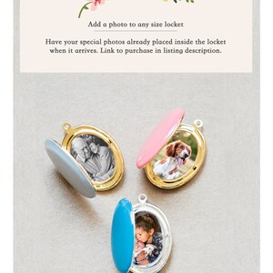 May include: Three oval lockets with colored lids in light blue, pink, and bright blue. Each locket is open, displaying a photograph inside. Text reads: Add a photo to any size locket. Have your special photos already placed inside the locket.