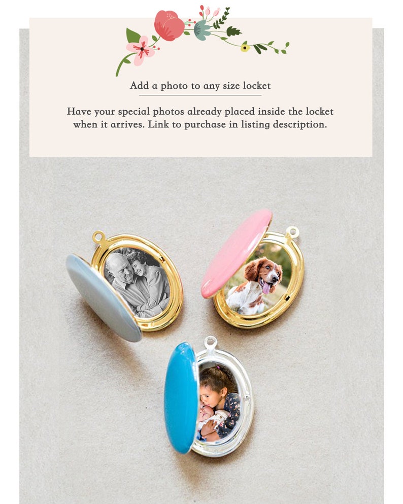 May include: Three oval lockets with colored lids in light blue, pink, and bright blue. Each locket is open, displaying a photograph inside. Text reads: Add a photo to any size locket. Have your special photos already placed inside the locket.