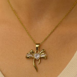 Gold Heart Bow Necklace: White Stone Pendant, Stainless Steel Chain