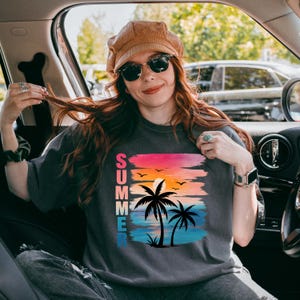 Hello Summer Comfort Colors Shirt, Tropical Palm Tree Sunset Tee, Retro Beach Vacation Top, Summer Vibes Unisex T-Shirt, Gift Idea